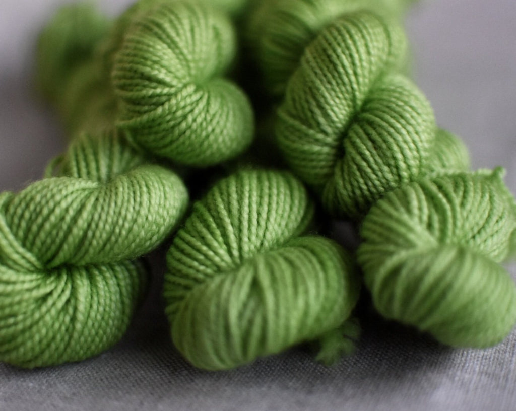 Kiwi hand dyed mini skein yarn 2 ply merino 80/20 sock green