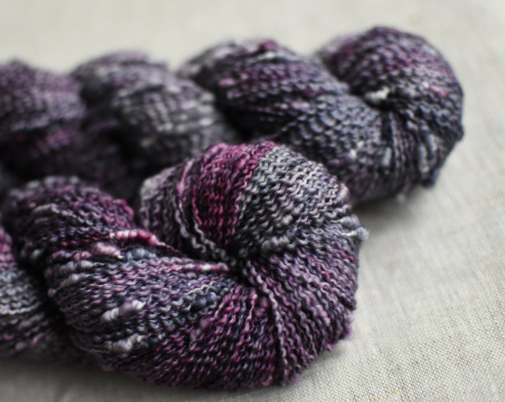 London Fog hand dyed yarn slub merino fingering gray and purple variegated